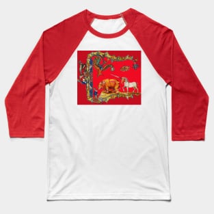 WEIRD MEDIEVAL BESTIARY IN RED ,DRAGON,UNICORN,RHINO AND KILLER RABBIT Baseball T-Shirt